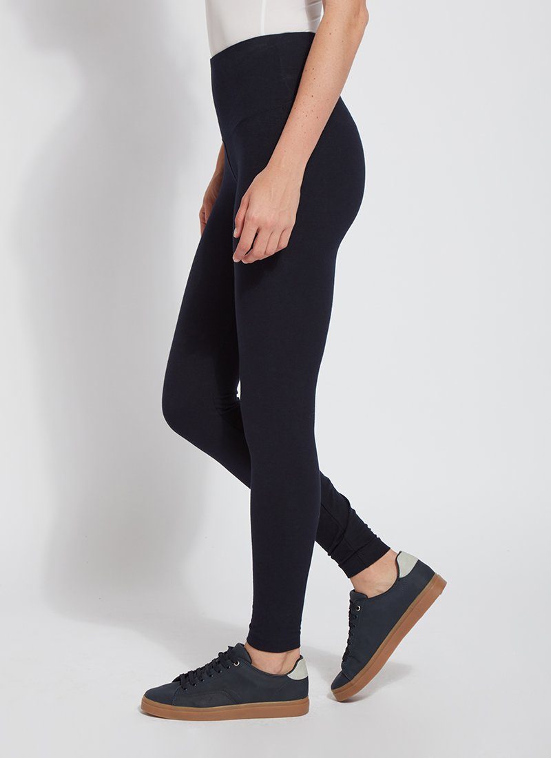 color=Midnight, side view, stretch cotton leggings, yoga pants, with smoothing comfort waistband and lifting, contouring seaming 