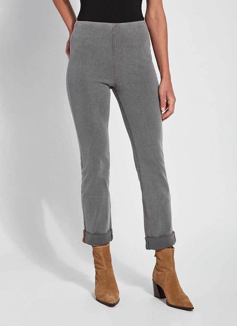 color=Mid Grey, Front view of mid grey,  4-way stretch, relaxed boyfriend denim jean legging, seen from waist down