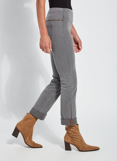 color=Mid Grey, Side view of mid grey,  4-way stretch, relaxed boyfriend denim jean legging, seen from waist down