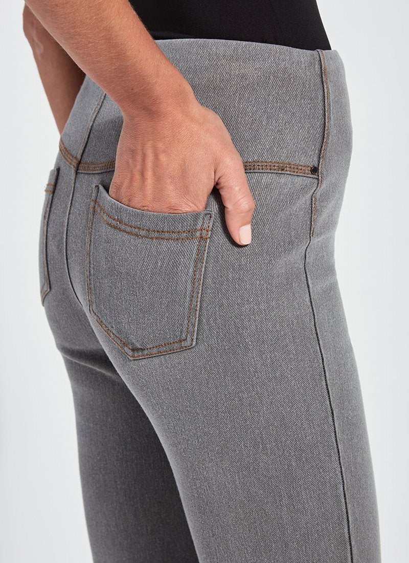 color=Mid Grey, Angled rear detail view of mid grey color,  4-way stretch, relaxed boyfriend denim jean legging 