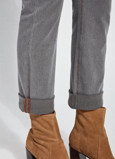 color=Mid Grey, Cuff detail of mid grey, 4-way stretch, relaxed boyfriend denim jean legging