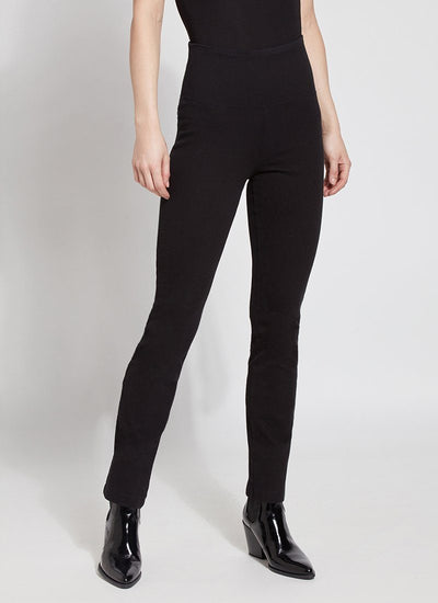 color=Black, Front view black denim straight leg jean leggings with patented concealing waistband