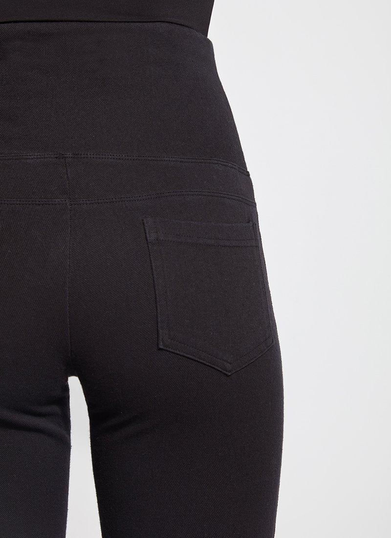 color=Black, Rear detail black denim straight leg jean leggings with patented concealing waistband