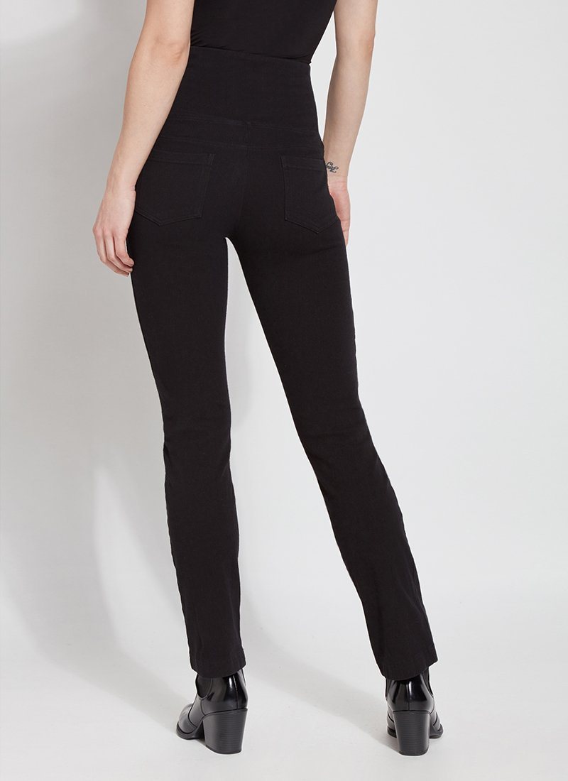 color=Black, Rear view black denim straight leg jean leggings with patented concealing waistband