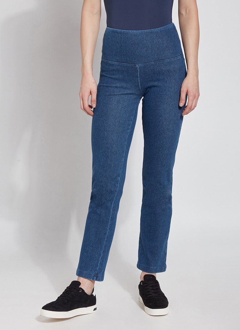 color=Mid Wash, front view, curvy denim straight leg pant legging, flattering and slimming concealed waistband