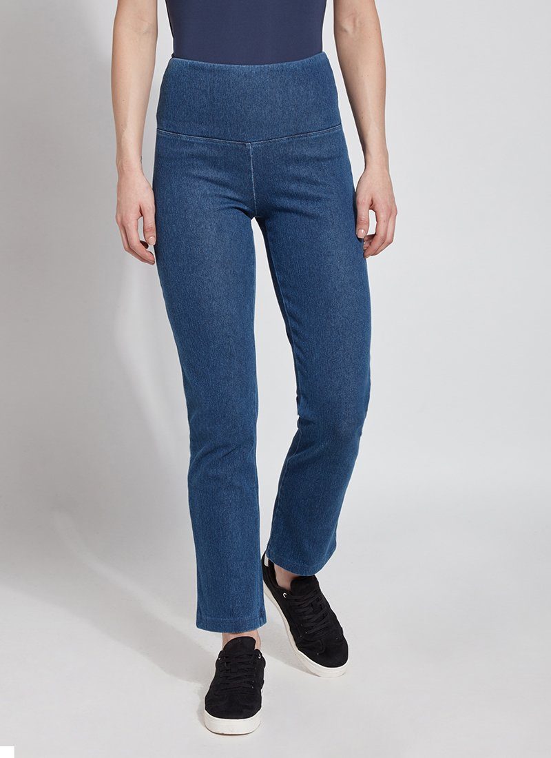 color=Mid Wash, Front view mid wash blue denim straight leg jean leggings with patented concealing waistband