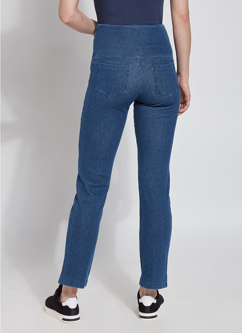 color=Mid Wash, back view, curvy denim straight leg pant legging, flattering and slimming concealed waistband