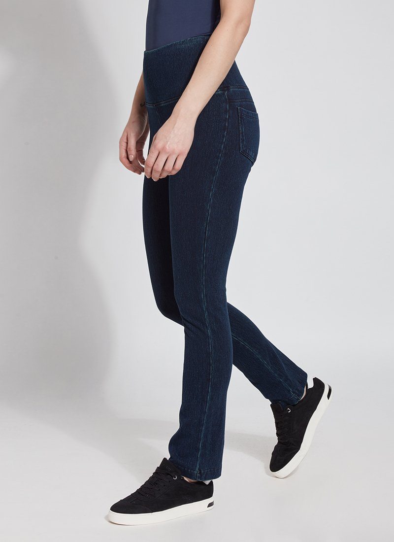 color=Indigo, side view, denim straight leg jean leggings with patented concealing waistband