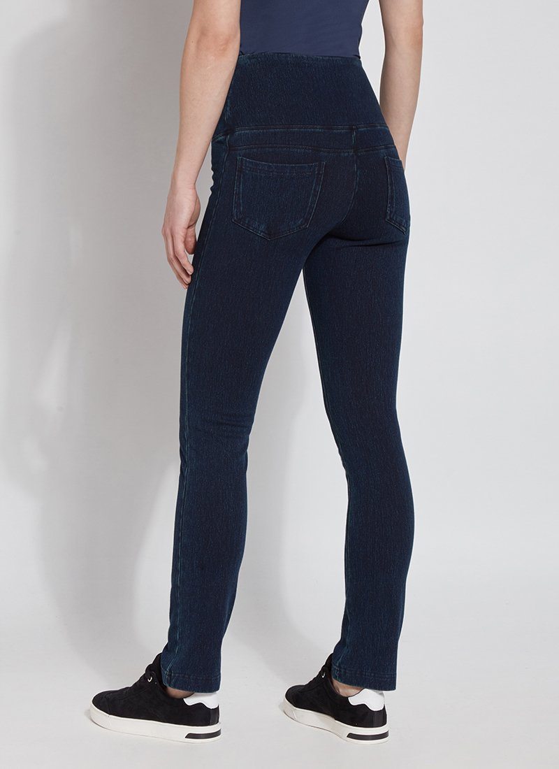 color=Indigo, back view, denim straight leg jean leggings with patented concealing waistband