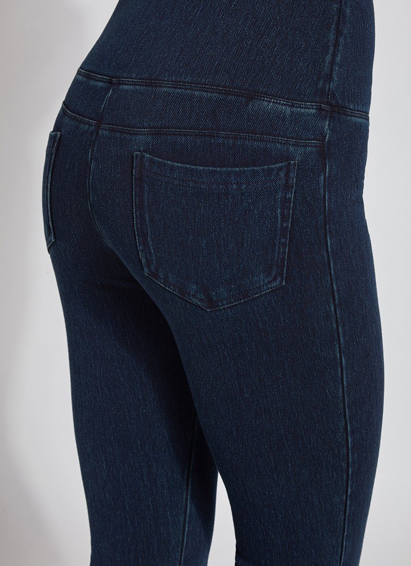 color=Indigo, back detail, denim straight leg jean leggings with patented concealing waistband