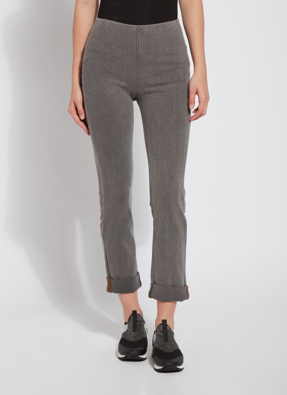 color=Warm Grey, Front view of Warm Grey 4-way stretch, relaxed boyfriend denim jean legging, seen from waist down