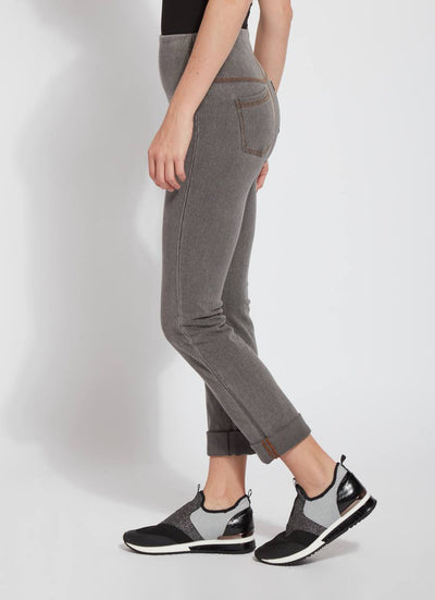 color=Warm Grey, Side view of Warm Grey, 4-way stretch, relaxed boyfriend denim jean legging in, seen from waist down