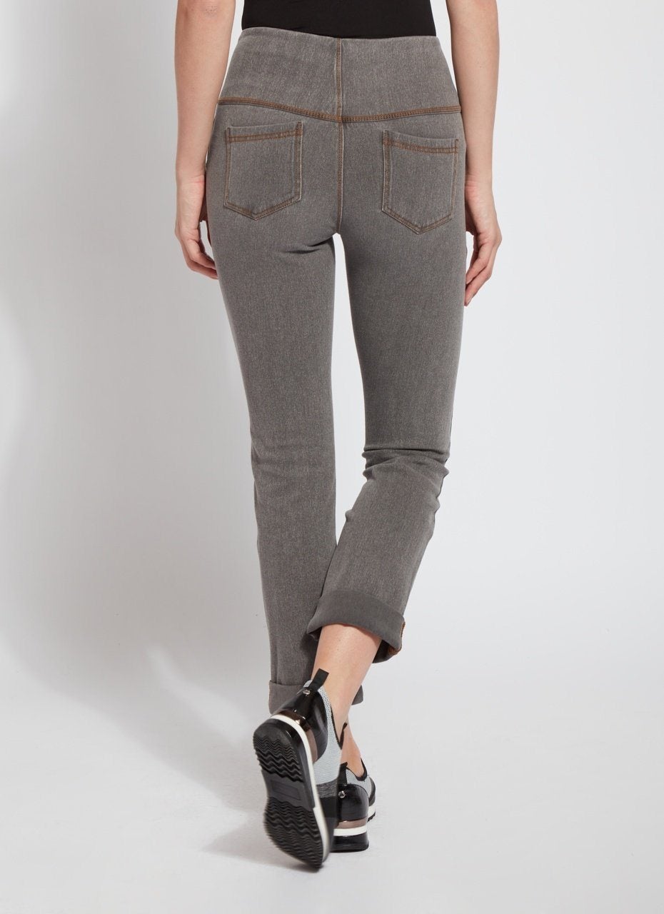 color=Warm Grey, Rear view of warm grey, 4-way stretch, relaxed boyfriend denim jean legging, seen from waist down