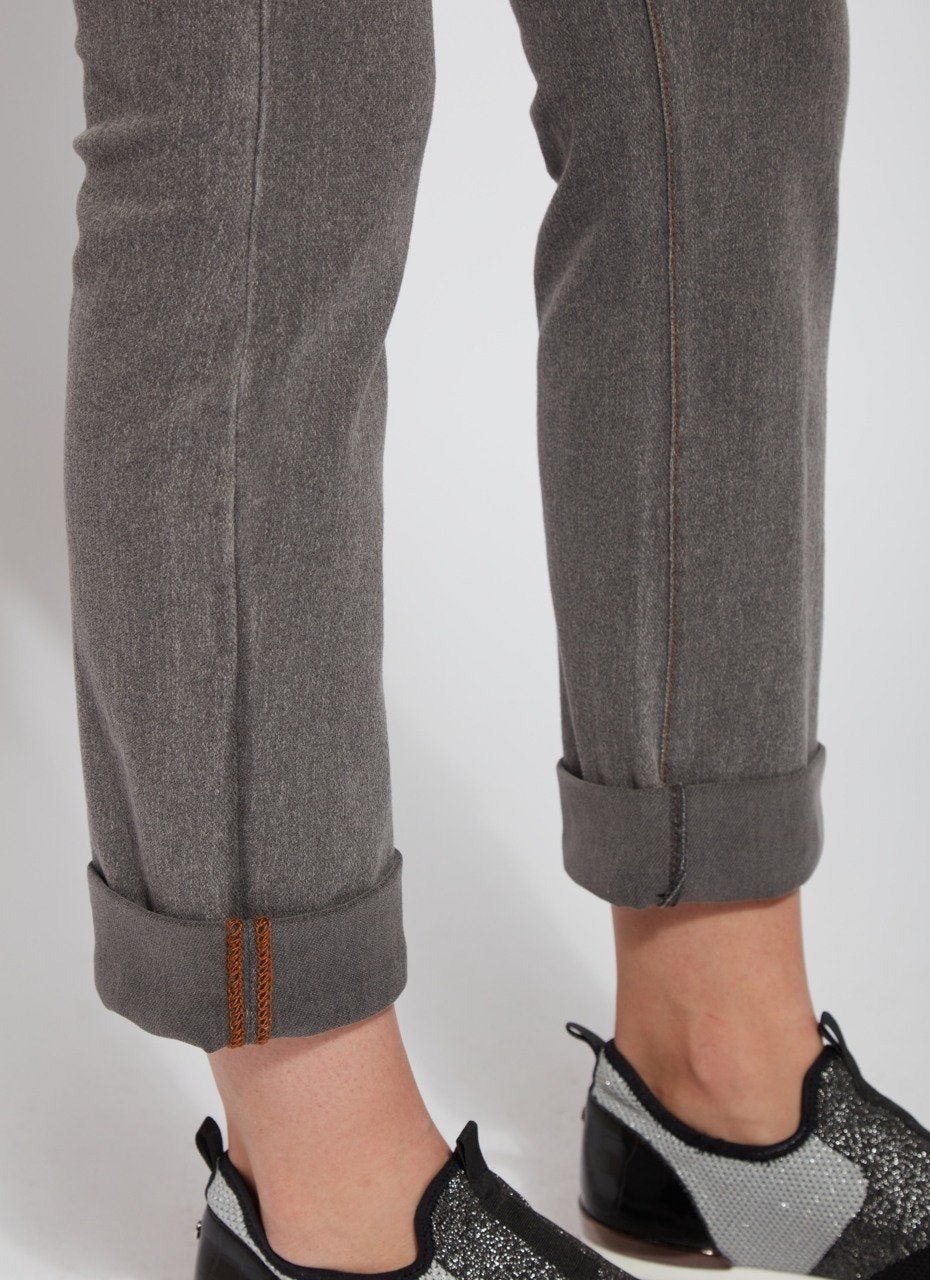 color=Warm Grey, Cuff detail view of warm grey, 4-way stretch, relaxed boyfriend denim jean legging